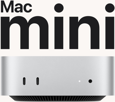 Sidabro spalvos „Mac mini“ vaizdas iš priekio, matomi priekiniai prievadai ir indikatorinė lemputė.