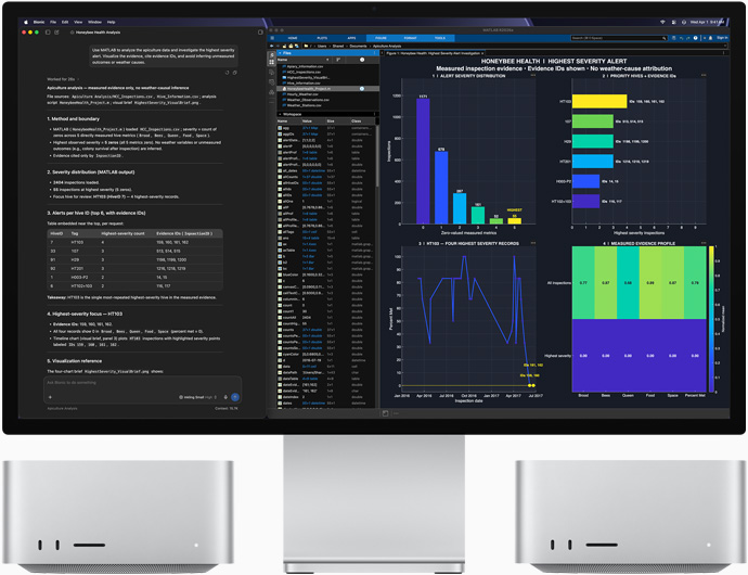 Studio Display XDR, lo schermo mostra informazioni sulla salute delle api nelle app LM Studio Bionic e MATLAB; Mac Studio mostrato di fronte