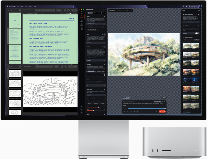 Studio Display XDR, lo schermo mostra dei disegni architettonici nelle app Draw Things, Pages e Keynote; Mac Studio mostrato di fronte