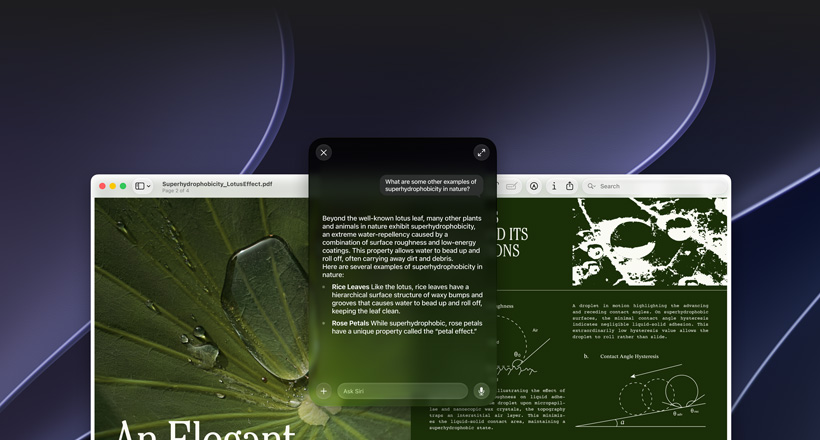 Dimostrazione di Siri e dell’intelligenza visiva, schermo di un Mac che mostra la domanda dell’utente su un argomento in un PDF, “Quali sono altri esempi di superidrofobicità in natura?”, risposta di Siri