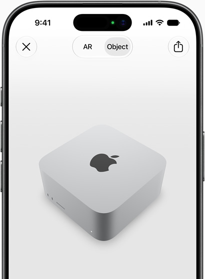 Anteprima della visualizzazione in realtà aumentata di Mac Studio su un iPhone