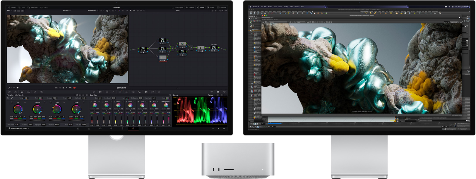 Studio Display, sullo schermo DaVinci Resolve Studio con un’immagine astratta multicolore ingrandita; Mac Studio, vista frontale; Studio Display XDR, sullo schermo Houdini e Maxon Redshift con la stessa immagine ingrandita ancora di più.