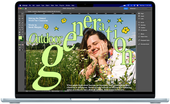 MacBook Air, jonka näytöllä näkyy Adobe InDesign ‑projekti