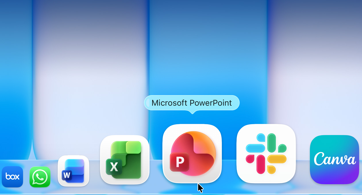macOSのデスクトップ画面のDockに様々なアプリが表示され、Microsoft PowerPointアプリがハイライトされている