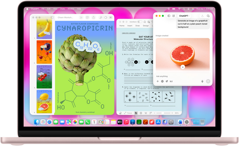 MacBook Neo, color rosa rubor, se usa ChatGPT para generar una imagen de una toronja, otras ventanas contienen un documento de Keynote con pósters de moléculas con imágenes de frutas, verduras y compuestos moleculares asociados, y un documento de Microsoft Word relacionado
