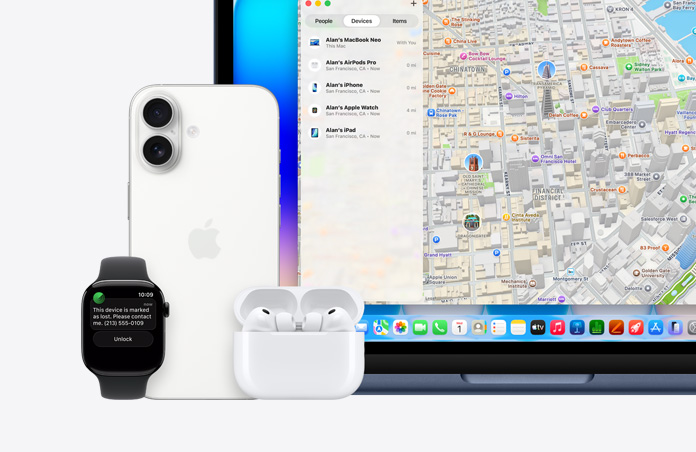 Apple Watch, un texto en la pantalla dice, en inglés, ”Este dispositivo está marcado como perdido, contáctame” con un número de teléfono, junto a un iPhone, unos AirPods Pro y una MacBook Neo, color índigo, la pantalla muestra la app Encontrar con un mapa y una lista de dispositivos con sus ubicaciones