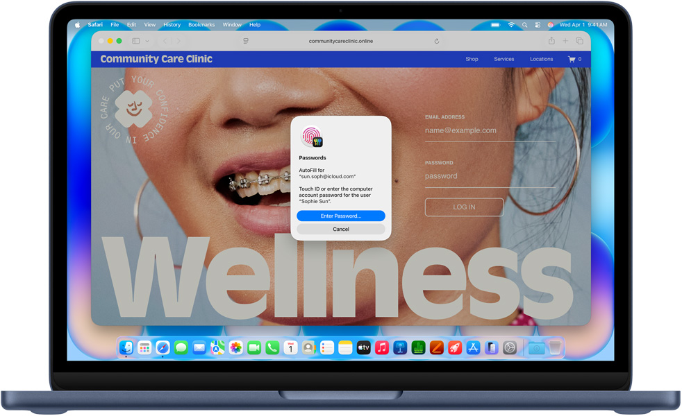 MacBook Neo, color índigo, Safari le pide al usuario que inicie sesión con Touch ID o contraseña en un sitio web llamado Community Care Clinic