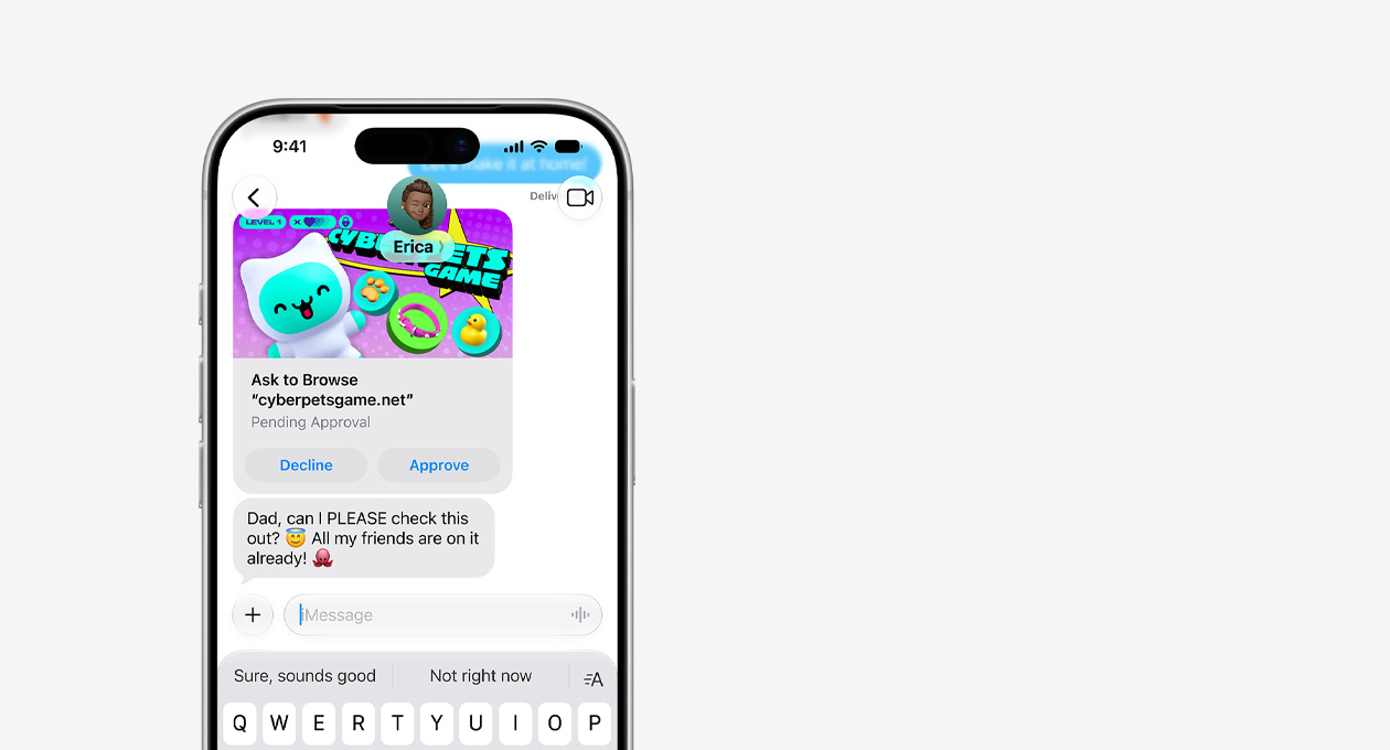 iPhone 17 Pro, Silber, die oberen zwei Drittel sind sichtbar, das Display zeigt eine Textnachricht mit einem Bildschirmfoto von cyberpetsgame.net, die Tasten zum Ablehnen und Genehmigen befinden sich unter der Grafik, Nachrichtentexte: Papa, darf ich mir das ansehen? Alle meine Freunde sind schon drin