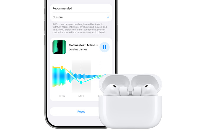 Vista frontal do iPhone 17 Pro prateado, com opções de personalização da escala de sons dos AirPods: graves, médios e agudos