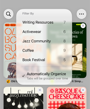 iPhone Safari Browser, der das Filtermenü mit Kategorien wie Ressourcen zum Schreiben, Sportbekleidung, Jazz Community, Kaffee und Buchfestival anzeigt, wobei die Option „Automatisch organisieren“ ausgewählt ist