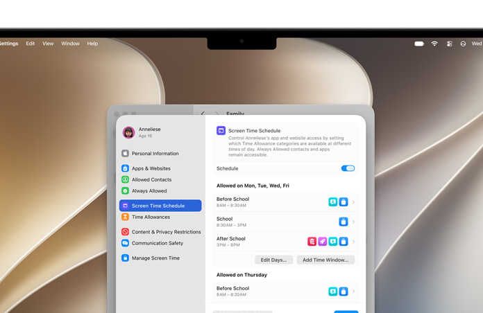 Ecrã do MacBook Pro a mostrar as opções Tempo permitido e Horário de tempo de ecrã nas Definições para que os pais possam definir limites de tempo e categorias de conteúdos multimédia para os seus filhos