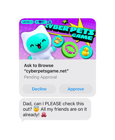 Ein Display zeigt eine Textnachricht mit einem Bildschirmfoto von cyberpetsgame.net, Tasten zum Ablehnen und Genehmigen unter der Grafik, Text der Nachricht: Papa, darf ich mir das ansehen? Alle meine Freunde sind schon drin.