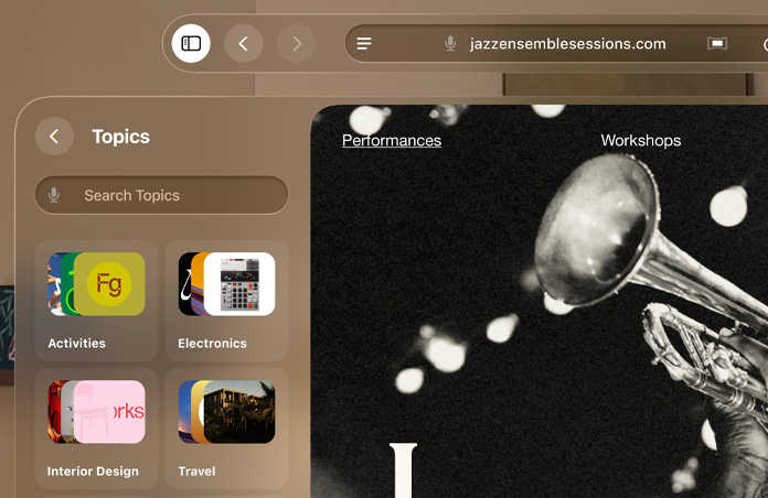 Apple Vision Pro mit geöffneter Safari App, nach Themen gruppierte Leseliste