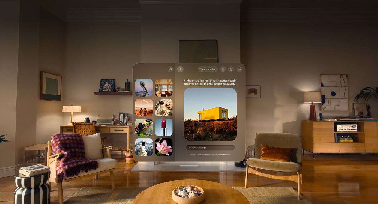 Apple Vision Pro Ansicht von Image Playground in Aktion, das Bild einer gelben Hütte auf einem Hügel wird verändert, die Eingabeaufforderung unter dem Bild lautet: „Beschreibe eine Änderung“