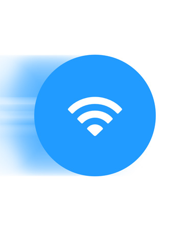 Blaues WLAN Symbol mit einem blauen Streifen dahinter, der eine schnellere Verbindung symbolisiert