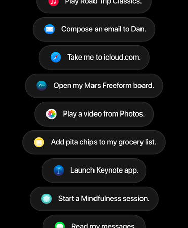 Bildschirm mit Siri AI Anfragen für Aktionen in mehreren Apps