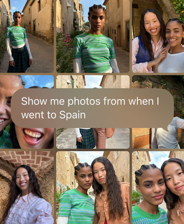 Anfrage an Siri, um aktuelle Urlaubsfotos anzuzeigen, der Text überlagert das Fotoraster