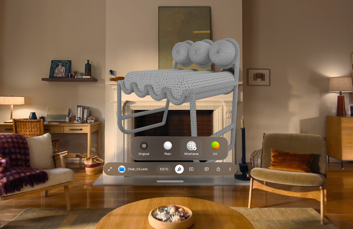 Apple Vision Pro Ansicht mit einem Fenster für eine Übersicht, das auf eine USDZ Datei eines Stuhls verweist, hinter dem Fenster ist das Drahtgittermodell eines Stuhls sichtbar