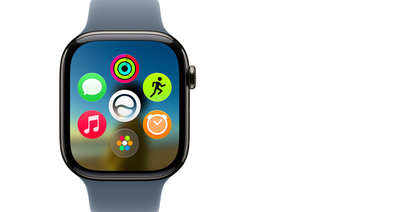 Apple Watch Series 11 med urkasse av titan i fargen skifergrå viser rutenett for dynamiske apper