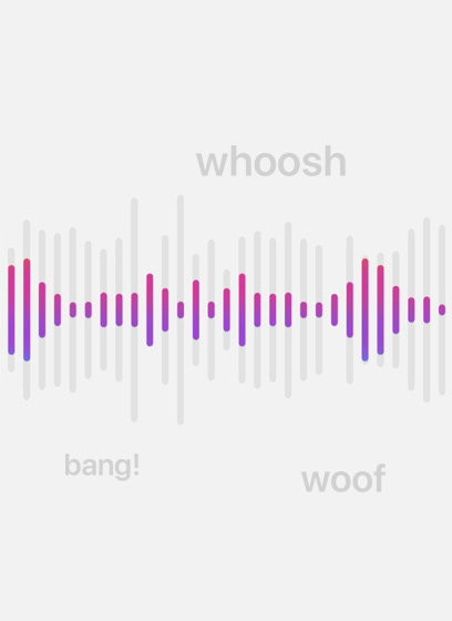 Onde audio che si muovono rivelando suoni di sottofondo comuni, con le parole: bang, whoosh, woof
