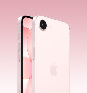 Mặt trước và mặt sau của iPhone 17e màu hồng phai, một phần màn hình trước, toàn cảnh mặt sau với logo Apple và camera đơn, mặt bên cho thấy nút Tác Vụ, nút âm lượng và nút sườn.